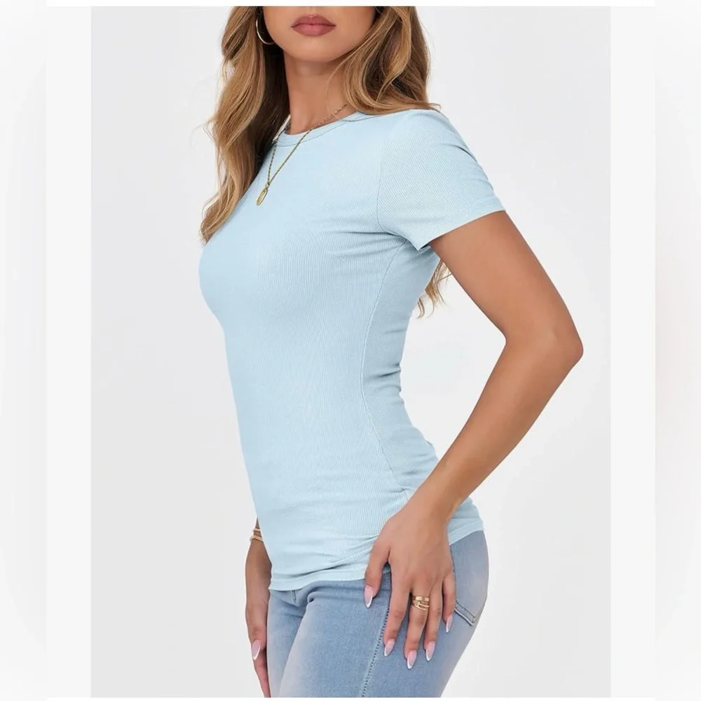 NWT Ribbed Short-Sleeve Sky Blue Ribbed Tee-M - Picture 3 of 12